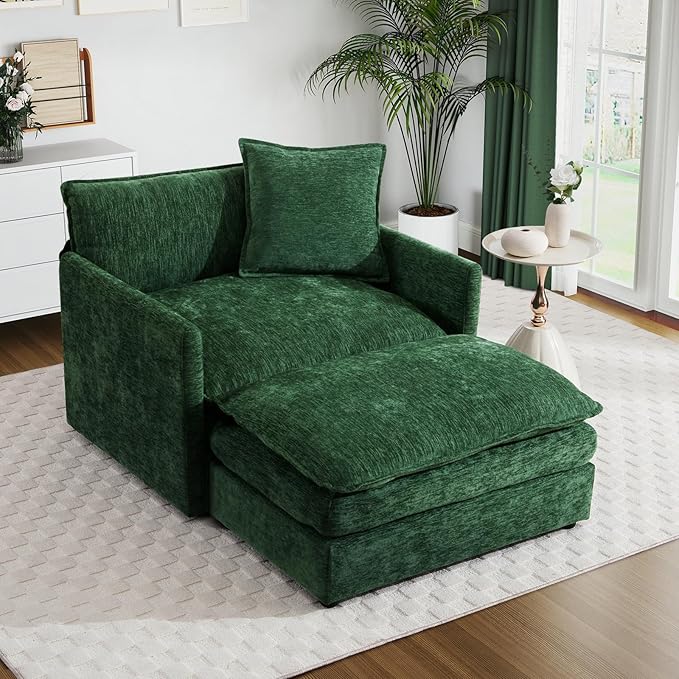 Oversized Accent Chair with Ottoman Modern Cloud Chaise Lounge Chair Indoor with Deep Seat Upholstered Comfy Armchair Reading Chairs Sofa for Bedroom Living Room Apartment Green Chenille