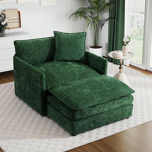 Oversized Accent Chair with Ottoman Modern Cloud Chaise Lounge Chair Indoor with Deep Seat Upholstered Comfy Armchair Reading Chairs Sofa for Bedroom Living Room Apartment Green Chenille
