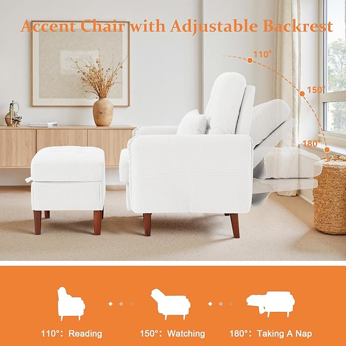 Accent Chairs with Storage Ottoman Corduroy Fabric Armchair with Adjustable Backrest and Side Pockets Mid Century Modern Reading Sofa Chair for Living Room Bedroom (White Set of 2)