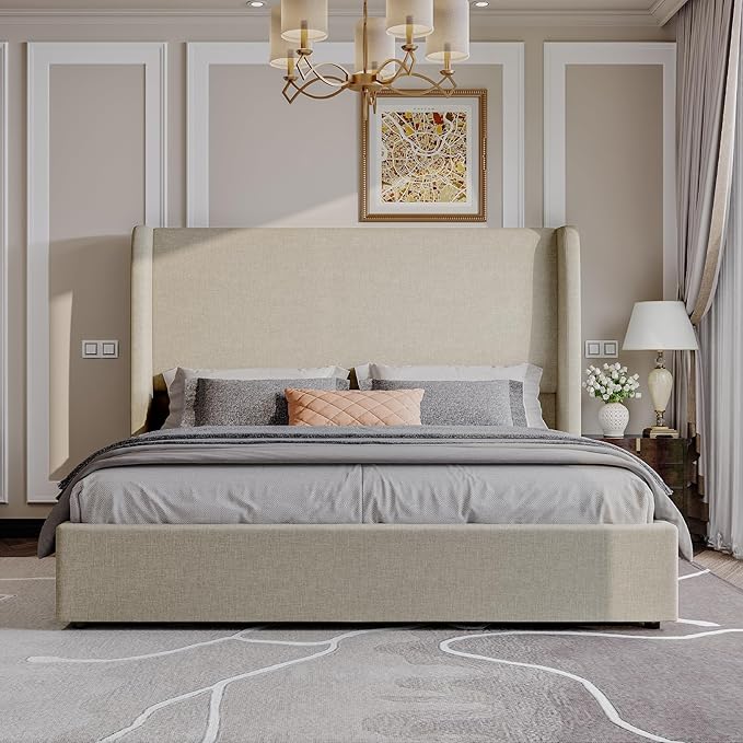 AMERLIFE Lift Up Storage Bed King Size Linen Upholstered Platform Bed Frame Hydraulic StorageModern Wingback Headboard No Box Spring Needed Khaki