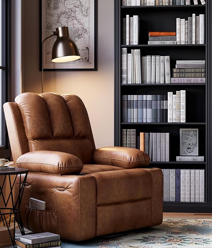 Garvee 22'' Recliner Chair for Adults Manual Recliner with Cup Holders and Side Pockets PU Leather Single Sofa with Ergonomic Design for Nursery Living Room Bedroom Vintage Leather