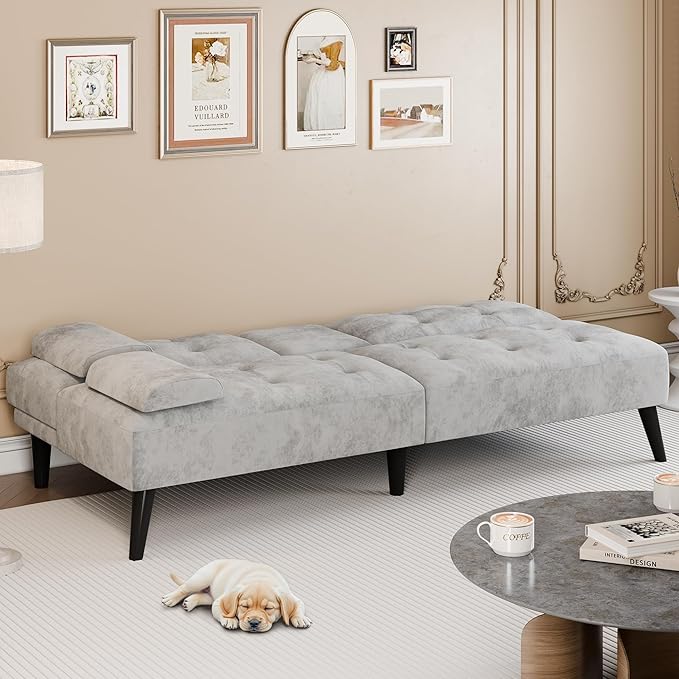 Meilocar 64 Futon Sofa Bed Convertible Loveseat with 2 Cup Holders Small Couch with 3 Adjustable Angles &amp Removable Armrest Modern Sleeper Sofa for Apartment Office 5.3 FT Light Grey
