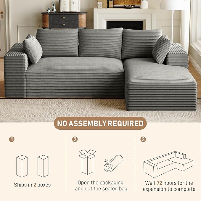 107 Sectional Couches for Living Room Comfy L Shaped Boneless Couches Modern Deep Seat Modular Sofa Cloud Corduroy Couch with Right Facing Chaise No Assembly Needed Light Grey