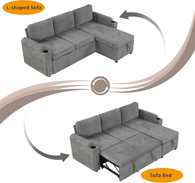 Merax L- Shaped Convertible Sleeper Sofa Bed 3-Seat Couches with Reversible Chaise Lounge | USB Ports | Cup Holder| Drawers | Pull Out Couch for Living RoomGrey