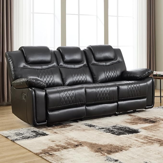 EBELLO Faux Leather Manual Reclining Sofa Overstuffed Armrest 3 Seat Recliner Sofa Reclining Couch for Living Room Meeting Room Bedroom Black