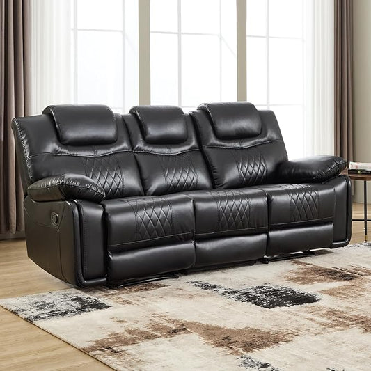 EBELLO Faux Leather Manual Reclining Sofa Overstuffed Armrest 3 Seat Recliner Sofa Reclining Couch for Living Room Meeting Room Bedroom Black
