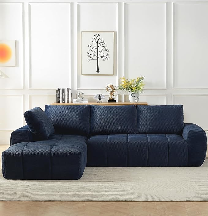 112 Boneless Cloud Modular Sectional Couch for Living Room Left Chaise L Shaped Sofa with Chaise | Faux Fur Fabric | Compressed Foam Sofa for Living Room | No Assembly (Dark Blue-Faux Fur Fabric)