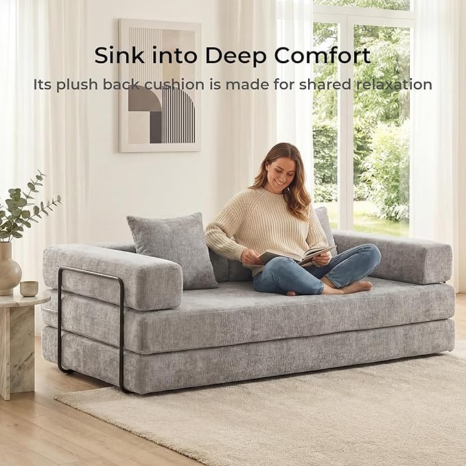 WELAX 77 Convertible Sleeper Sofa Bed Boneless Cloud Queen Futon Couches with 2 Pillows &amp Removable Armrests Chenille Folding Floor Couch No Assembly for Bedroom Living Room Light Grey