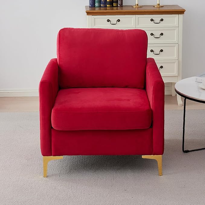 Velvet Accent Chairs Set of 2 Modern Accent Chairs with Gold Metal Legs Upholstered Reading Armchair Small Sofa Chair for Living Room Bedroom Office (Red)