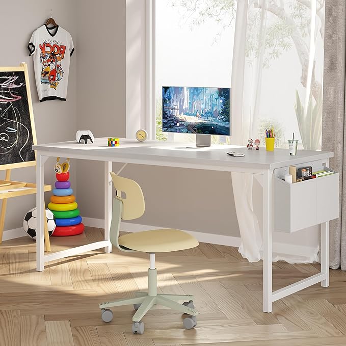 OLIXIS Computer Desk 63 Inch Home Office Desks for Small Spaces Gaming Writing Study Work Table with Storage Bag and Headphone Hook for Bedroom White