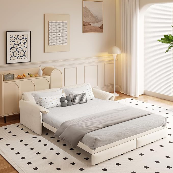 3 in 1 Convertible Queen Sleeper Sofa Bed Comfy Pull Out Futon Couch Bed 66 Modern Velvet Recliner Loveseat Sofa Multi-Functional Beige Cloud Couch for Living RoomApartmentOffice (Beige 66)