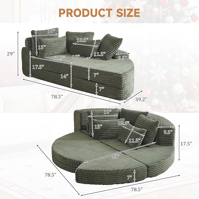 Curved Convertible Futon Sleeper Sofa Bed 78.5 Boneless Couch with Pull-Out Bed Corduroy Semi-Circular Foldable Floor Mattress for Living Room No Assembly Required Right Curved Green