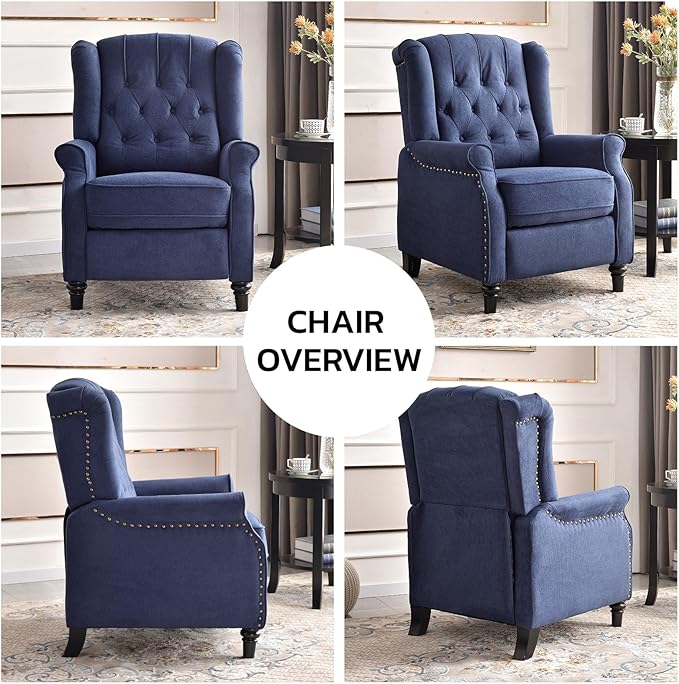 EBELLO 2 Pcs Pushback Recliner Chairs Fabric Armchair Push Back Recliner with Rivet Decoration Single Sofa Accent Chair for Living Room Bedroom Blue