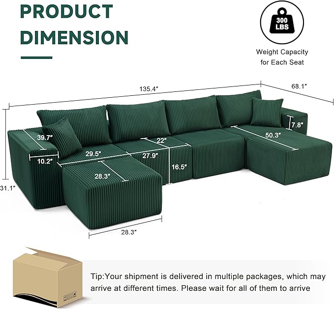 135.4 Cloud Couch Sectional Modular Sofa with Deep Seat Plush Corduroy U Shaped Boneless Couch Convertible Sectional Couches for Living Room 6Seat Green
