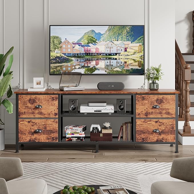 Furologee TV Stand Dresser with 4 Drawers 63 Inch Entertainment Center with Open Shelves Media Console Table for 6570 Inch TV Television Stand for Bedroom Living RoomRustic Brown