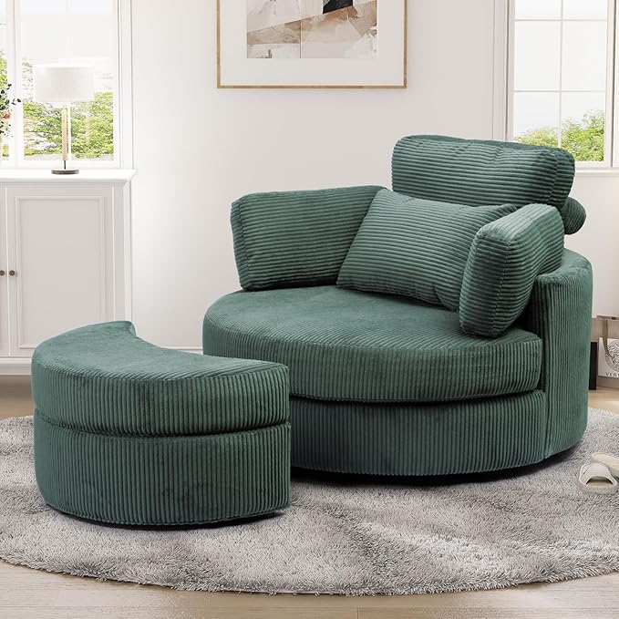 Oversized Swivel Chair with Ottoman 41.3 Swivel Accent Chair Barrel Chairs with USB Charging Port Round Chaise Lounge Indoor with 4 Pillow Reading Chairs for Living Room (Corduroy Olive Green)