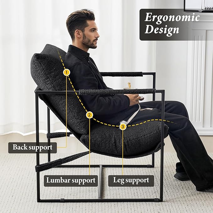 Furnilivng Large Sling Accent Chair Set of 2 Comfortable Boucle Fabric Arm Chair Upholstered Cozy Reading Chair for Living Room Bedroom Dressing Room Home Office Black