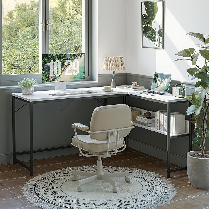 FEZIBO 55.1-Inch L-Shaped Corner Desk with Storage Shelves Home Office Computer Desk with Bookshelf for Writing Gaming and Study
