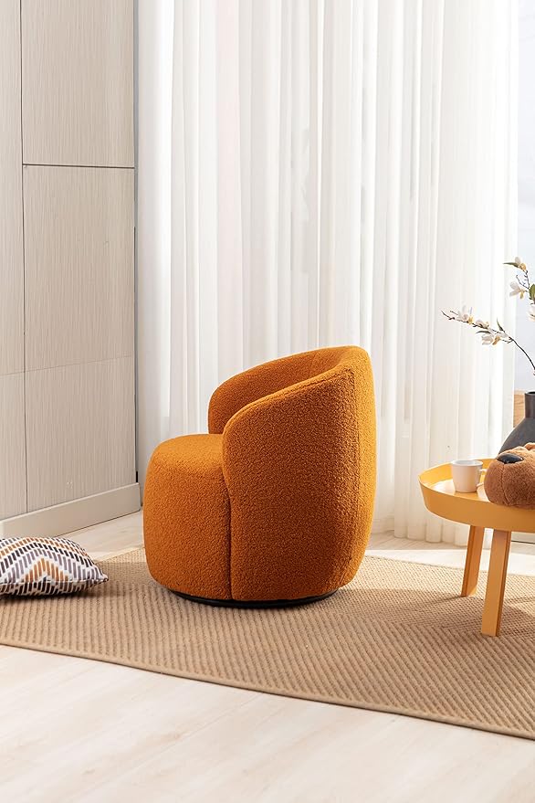 kevinplus Swivel Barrel Chair Accent Armchair for Living Room Bedroom 360 Degree Modern Round Upholstered Single Sofa Couch Chair Cozy Small Swivel Chair for Apartment Teddy Fabric Caramel Orange