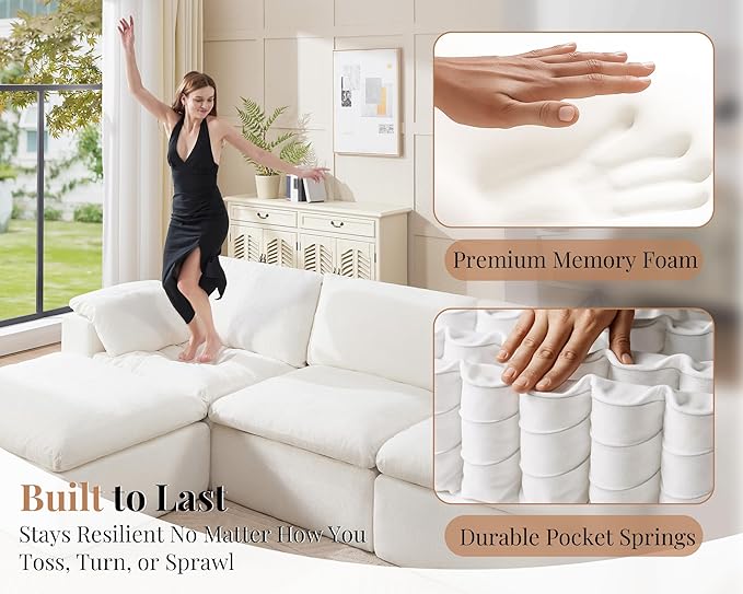 Jocisland 130 Cloud Modular Sectional Sofa No-Assembly Oversized Chenille Couch with 83.5 Extra-Deep Chaise Modern White Cloud Couch for Living Room