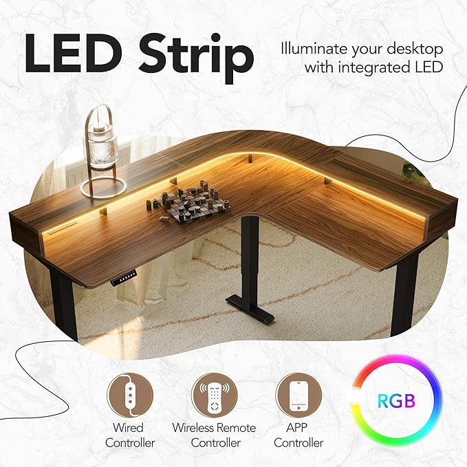 HUANUO Electric L Shaped Stadning Desk with LED Strip &amp Power Outrlets 63 x 55 2-Tier Height Adjustable Sit Stand up Desk with Power Strip Holder Ergonomic Corner Computer Table Walnut