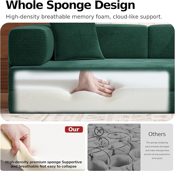MoonSpeak 78.8''Sleeper Couch Bed for LivingroomConvertible Modular Sofa with Armrest PillowModular Foldable Corduroy Couches in a BoxNo Assembly (Emerald Green)