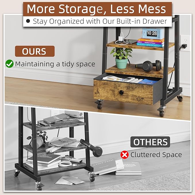 Rolling TV Stand with Wheels and Mount &amp Fabric Drawer - Entertainment Center with Power Outlet and Small TV Stand for Bedroom Living Room - 15 Rustic Brown