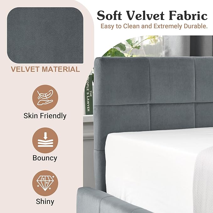 Queen Corner Bed Frame with Storage Drawers Modern Velvet Upholstered Sofa Day Bed Frame with Wood Slats for Living Room Bedroom Guest Room No Box Spring Needed Grey