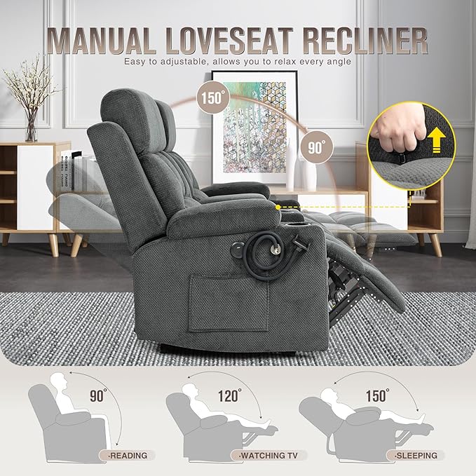 Oversized 72 Loveseat Recliner Sofa with Console Manual Double Reclining Sofa with USB Ports Cup Holders &amp 2 Phone Holders for Living Room Home Theater Game Room (Gray Velvet)
