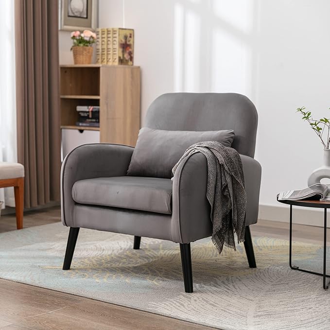 Mid Century Modern Accent ChairSingle Sofa Chair with Solid Wood Legs Comfy Fabric Upholstered Reading Armchair with A Soft Cushionfor Living Room BedroomApartmentOffice (Light Gray)