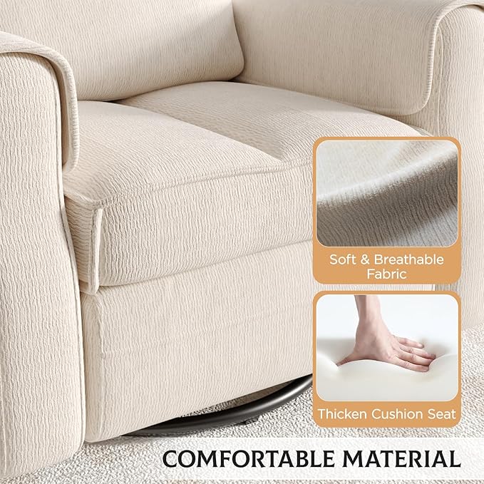 Maupvit Faux Shearling Recliner Chair - 360° Swivel Rocker with Adjustable Footrest and Backrest Plush Upholstered Single Sofa for Small Spaces for Living Room/Nursery/Home Theater (Cream White)