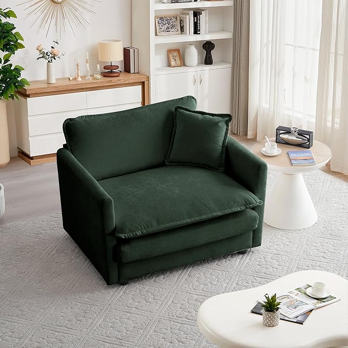 mikibama 41.4 W Single Seat Sofa Chenille Comfy Deep Upholstered Couch Armchair with Toss Pillow for Living Room Bedroom Office Apartment Evergreen