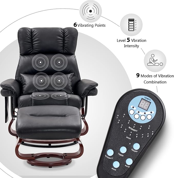 MCombo Swivel Recliners with Ottoman Reclining TV Chairs with Vibration Massage Faux Leather Ergonomic Lounge Chair for Living Room Bedroom 4832 (Black)