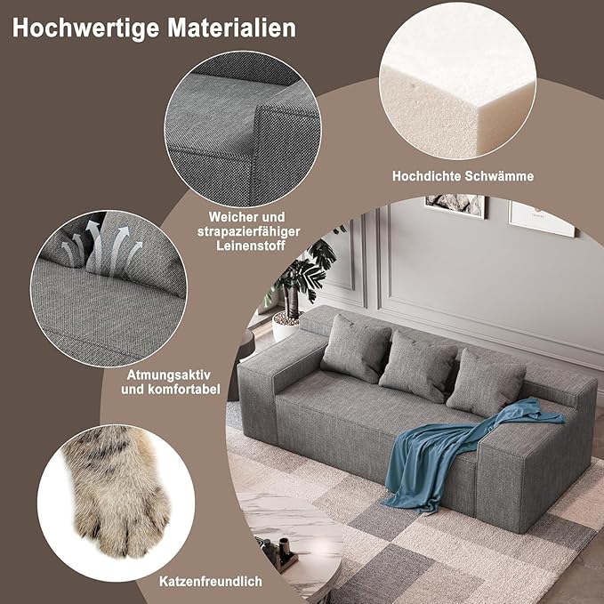 PurrJoys Modular Sectional Sofa 3 Seater 105 Deep Seat Corduroy Lounge Sofa with Movable Cushions Modular Couch for Small Spaces Living Room Bedroom Apartment Office - Gery