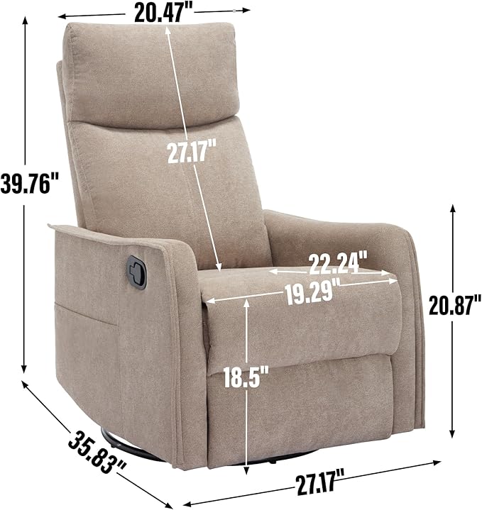 PELUMY 360 Swivel Rocking Recliner Chair for Adults Nursery Rocking Chair with Heat and Massage Glider Reclining Chair for Small Space Living Room Bedroom (Khaki)