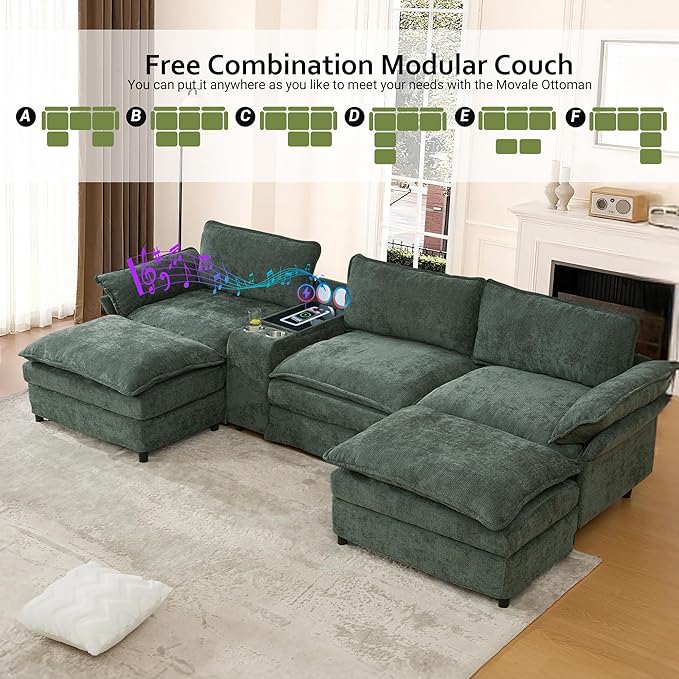 124 Cloud Couch Sectional Modular Sectional Sofa with Speakers Modern U Shaped Couches for Living Room Comfy Chenille Deep Sofas with Console Charging Station Cup Holders (Dark Green) | Easy Ass