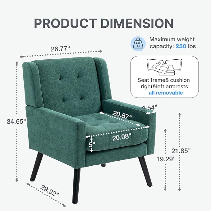 Mid-Century Modern Accent Chair Set of 2 Plush Linen Fabric with Button Tufted High Back &amp 5 Thick Cushion High Comfort Reading Chair for Living Room Bedroom Office (Green)