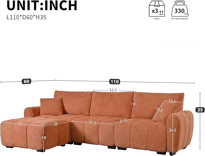 110 Modular Sectional Sofa L Shape with Extra-Large Seat Pull-line Design Movable Ottoman High Density Foam Free Combination Sturdy Metal&ampWood Frame Boucle Fabric (Orange)