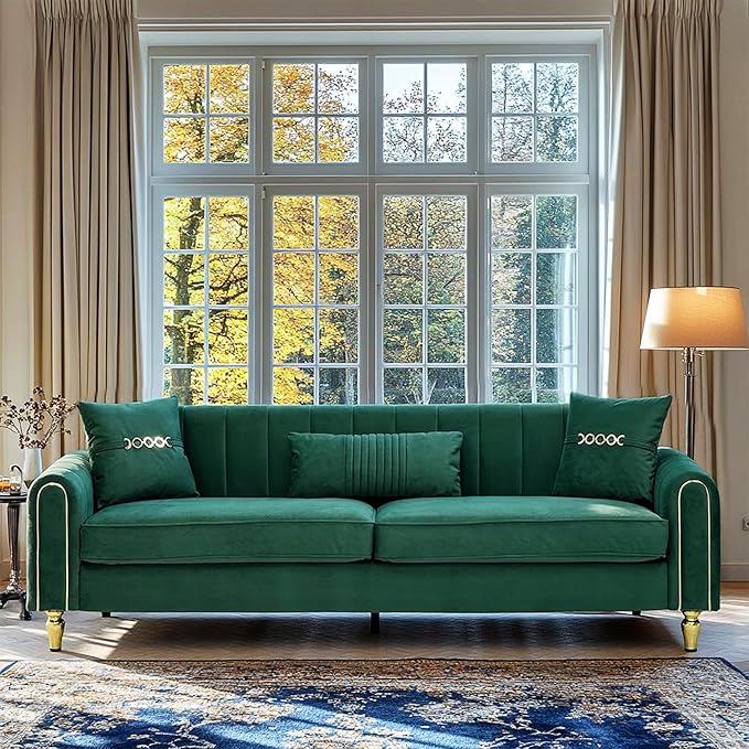 87.5 Modern 3-Seater Velvet Couch with Metal Legs &amp Decorative Pillows High Resilience Sponge Spring Seat Luxury Sectional Loveseat Sofa for Living Room Apartment Small Space Green