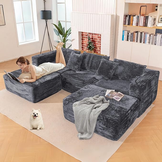 110 Modular Sectional Boneless Sofa with 2 Ottomans Corduroy U-Shaped Modular Sectional Sofa Convertible Cloud Couch with Deep Seats No Assembly Required (Grey 110 3Seat+2 0ttoman)