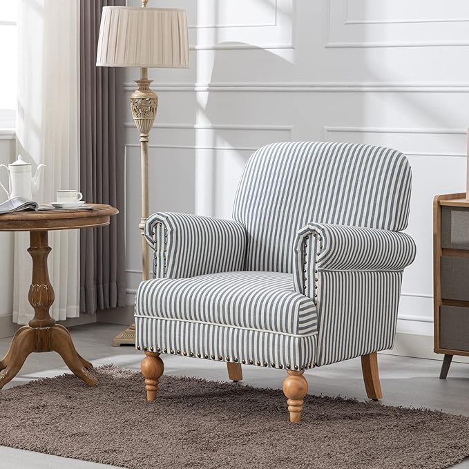 chairus Linen Accent Chair for Living Room Upholstered Mid Century Modern Single Sofa Chair with Solid Wood Legs Comfy Reading Chair Armchair for Bedroom/Office Room/Recption/Lounge Blue Stripe
