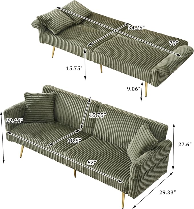 79 W Foldable Sofa BedOverstuffed Futon LoveseatComfy Upholstered Sofa Chair with Adjustable Armrests &amp BackrestConvertible Extra Deep Sleeper Sofabed for Living Room (Green 2 Seat)