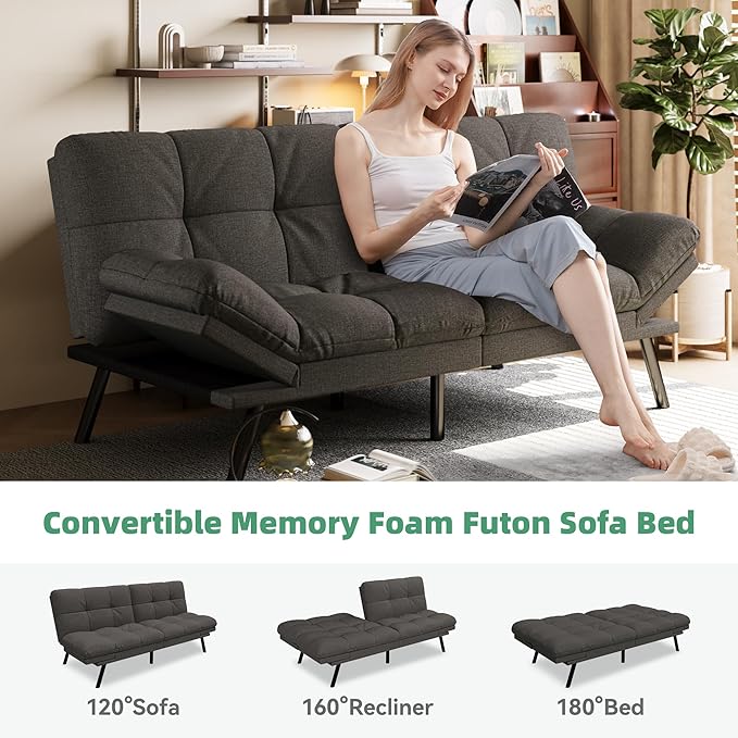 Opoiar Convertible Futon Sofa Bed71 Memory Foam Futon CouchDetachable CushionAdjustable Backrest &amp ArmrestLinen Modern Loveseat Sleeper Recliner for Living RoomOfficeApartmentRetro Grey