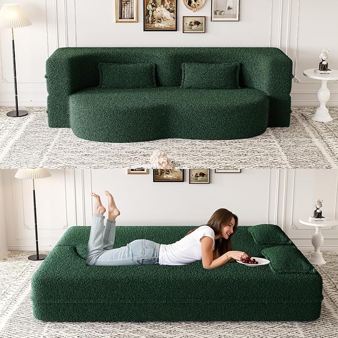 78 Teddy Folding Floor Sofa Couch BedConvertible Folding Sofa Bed Full Size Love Seat Sleeper Bed with 2 Pillows for Living Room Apartment Office (Green)