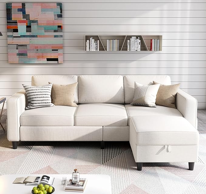 Sectional Sofas Couches for Living Room 78 L-Shaped Couch - Modern Linen Beige Sofa with Storage Ottoman USB for Apartments Studios &amp Home Offices Small Space