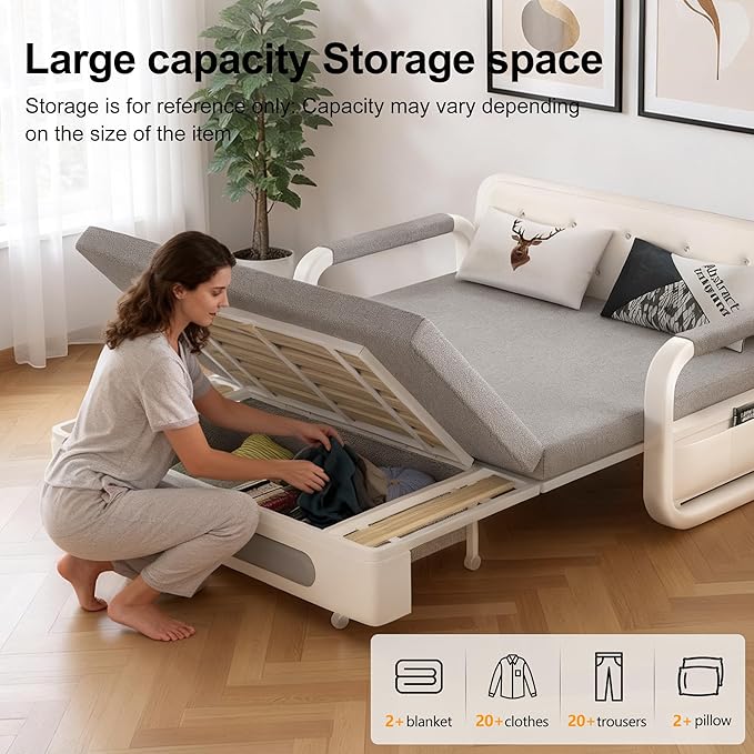 59.8 Versatile Pull-Out Sofa Bed – Modern Versatile Futon Sleeper Couch Daybed with Trundle Perfect for Living Room &amp RV Gray/White