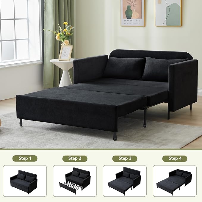 QHITTY Pull Out Couch Bed 2-in-1 Sleeper Sofa Small Loveseat Bed with Hidden Side Table and Iron Frame for Living Room Small Space Apartment (Black)
