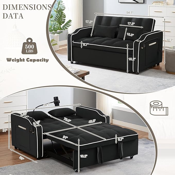 JEEOEHY 3 in 1 Convertible Sleeper Sofa BedVelvet Pull Out Couch Bed w USB&ampType C PortComfy Futon Loveseat w Adjustable Backrest&ampPhone Stand&ampCup Holder for Living Room Apartment Small Sp