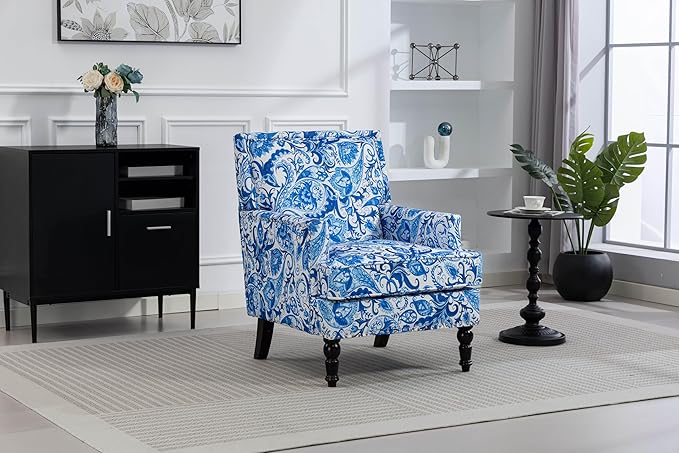 Upholstered Accent Chair Vintage Armchair with Blue and White Striped Linen Fabric Nailhead Trim and Solid Wood Legs 27”x27”x35”Comfortable Reading Chair for Living Room (Blue and White)