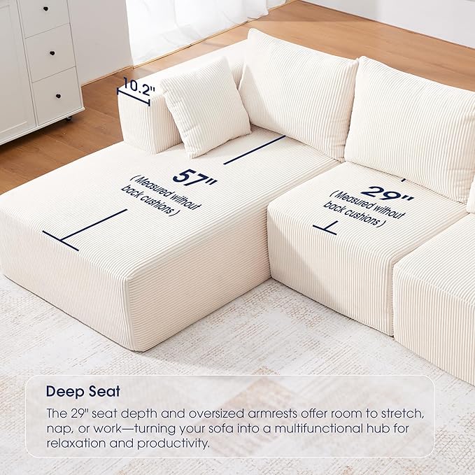 KINGYES 135'' Modular Sectional U Shaped Sofa Upholstered Corduroy Boneless Couch Cloud Couch for Living Room Beige